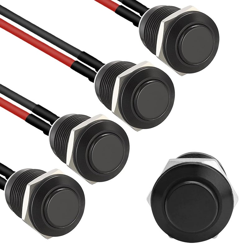 STARELO 5pcs 12mm Momentary Push Button Switch Black Shell with pre-Wiring, IP65 Waterproof Push Button Switch,Aluminum Alloy 1 Normally Open Without LED. - Image 1